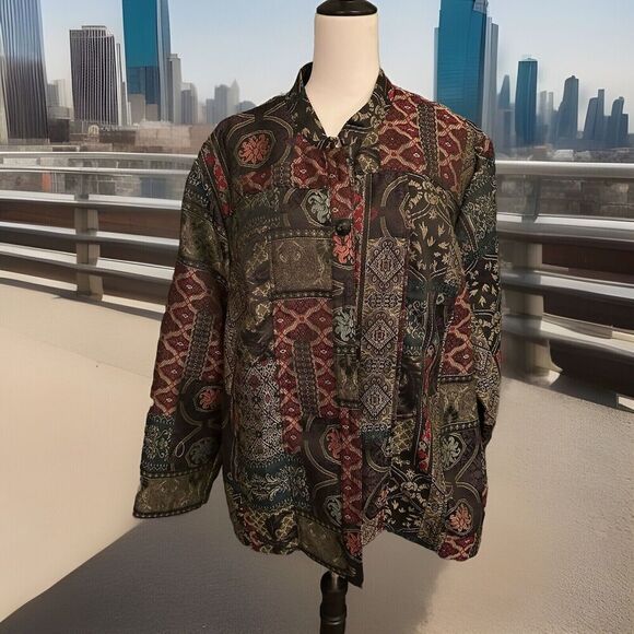 Maggie Barnes Tapestry Patch Quilt Print Long Sleeve Marderin Collar Blazer 3X - Picture 1 of 6